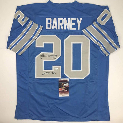 Autographed/Signed Lem Barney"HOF 92" Detroit Blue Football Jersey JSA COA