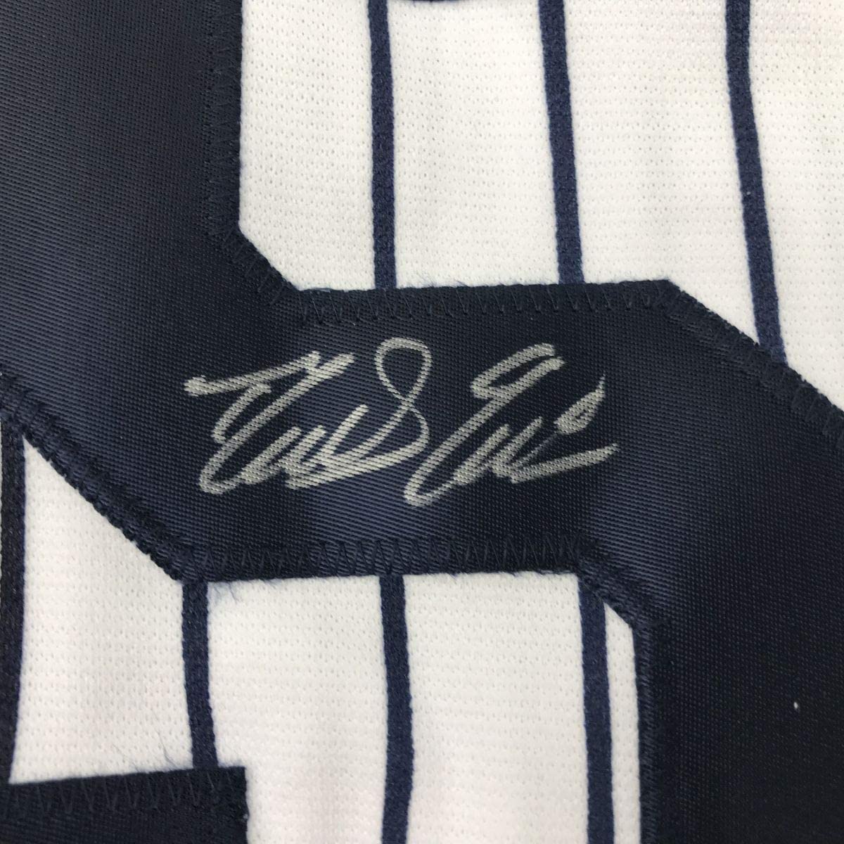 Framed Autographed/Signed Domingo German 33x42 New York Pinstripe Baseball Jersey JSA COA
