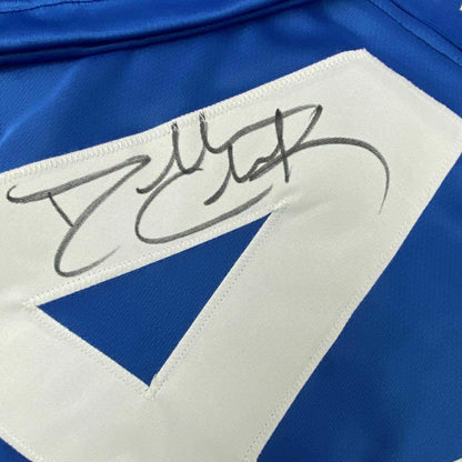 Framed Autographed/Signed Dallas Clark 33x42 Indianapolis Blue Football Jersey JSA COA