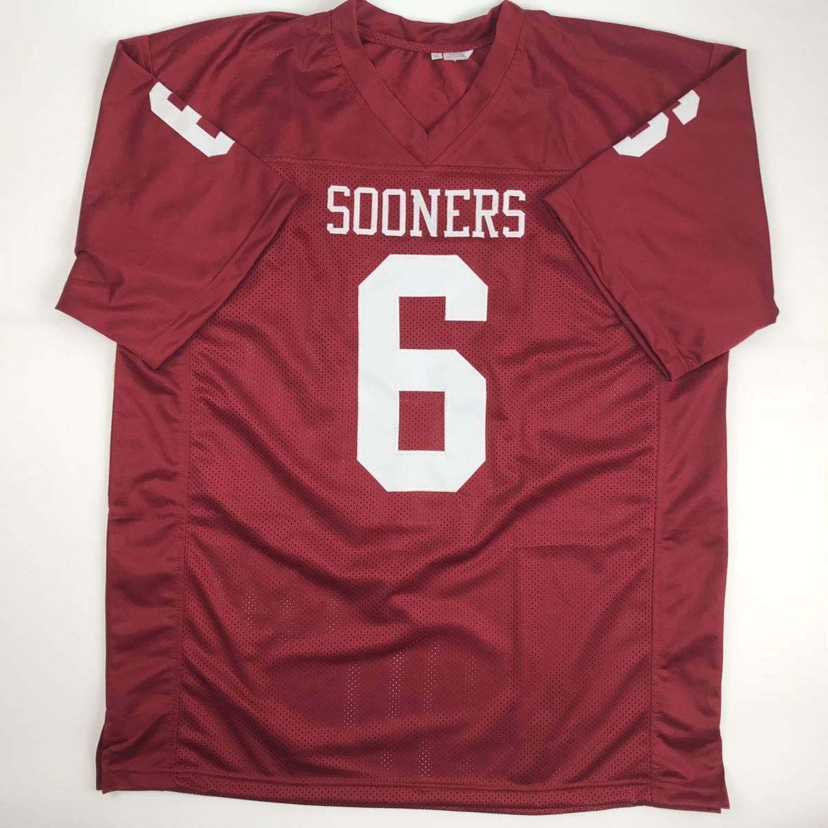Autographed/Signed Baker Mayfield"HT 17" Oklahoma Crimson Football Jersey Beckett BAS COA