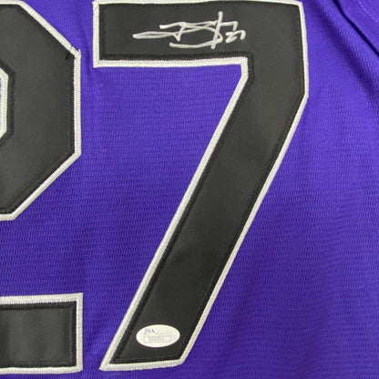 Framed Autographed/Signed Trevor Story 33x42 Colorado Purple Baseball Jersey JSA COA Holo Only