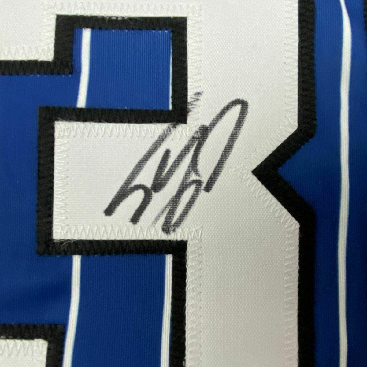 Framed Autographed/Signed Shaquille Shaq O'Neal 33x42 Orlando Blue Pinstripe Basketball Jersey JSA COA