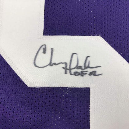 Framed Autographed/Signed Chris Doleman HOF 12 35x39 Minnesota Purple Football Jersey JSA COA