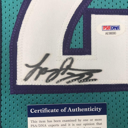 Framed Autographed/Signed Larry Johnson 33x42 Charlotte Teal Basketball Jersey PSA/DNA COA