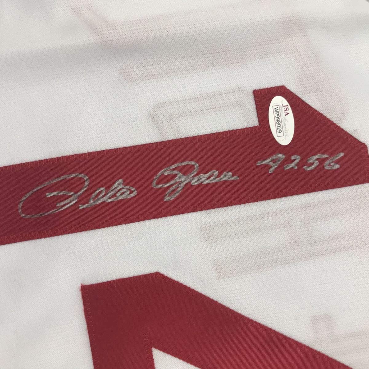 Autographed/Signed Pete Rose 4256 Cincinnati White Stat Baseball Jersey JSA COA