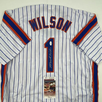 Autographed/Signed Mookie Wilson New York Pinstripe Baseball Jersey JSA COA
