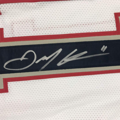 Framed Autographed/Signed Julian Edelman 33x42 New England White Football Jersey Beckett BAS COA