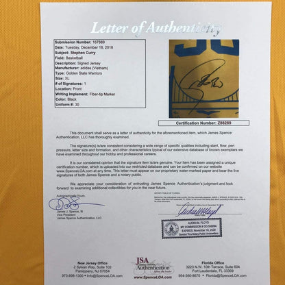 Framed Autographed/Signed Stephen Steph Curry 33x42 Golden State The City Yellow Basketball Jersey JSA COA/LOA