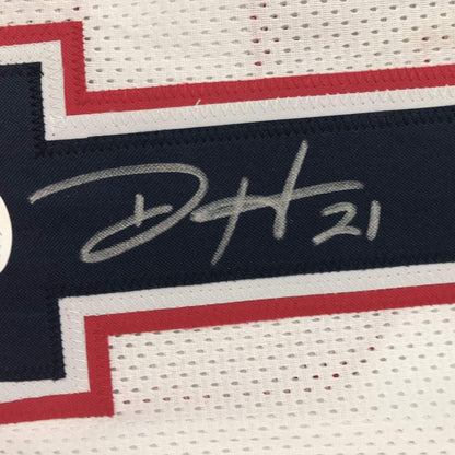 Framed Autographed/Signed Duron Harmon 33x42 New England White Football Jersey JSA COA