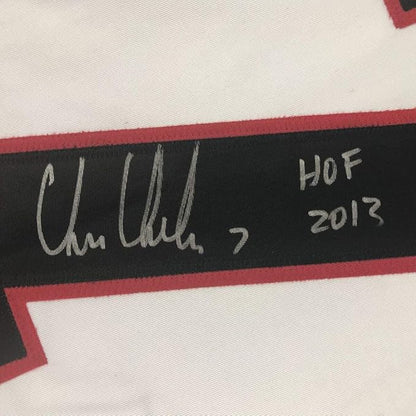 Framed Autographed/Signed Chris Chelios HOF 2013 35x39 Chicago White Hockey Jersey JSA COA