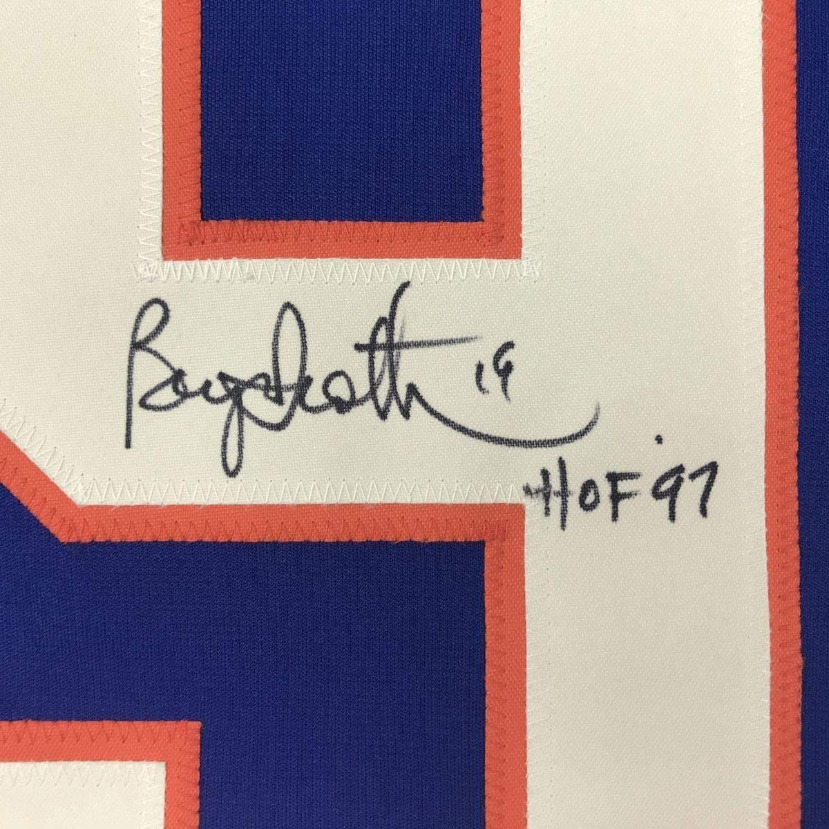 Framed Autographed/Signed Bryan Trottier HOF 97 33x42 New York Blue Hockey Jersey JSA COA