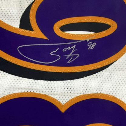 Framed Autographed/Signed Tony Siragusa 33x42 Baltimore White Football Jersey JSA COA