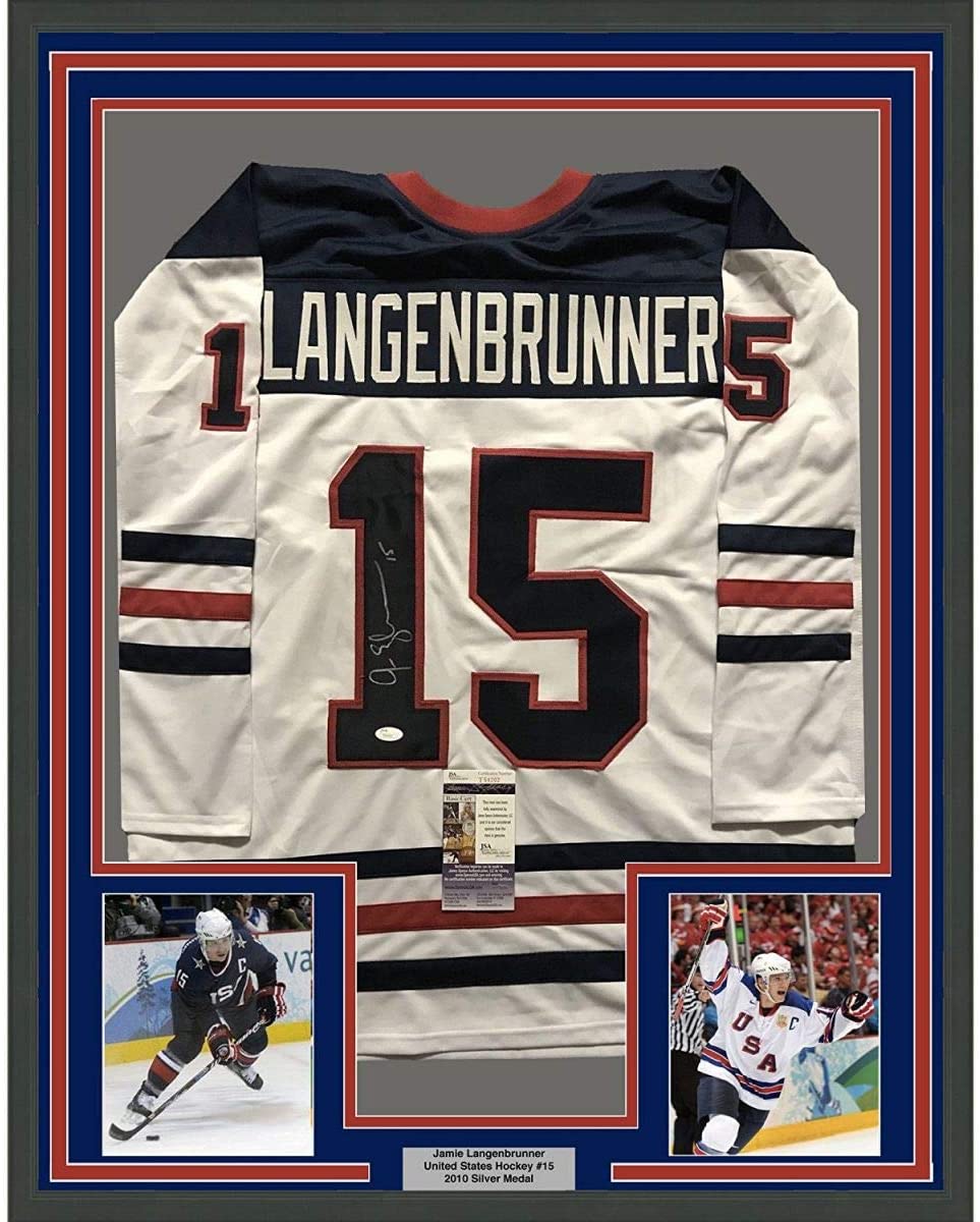 Framed Autographed/Signed Jamie Langenbrunner 33x42 Team USA United States White Hockey Jersey JSA COA
