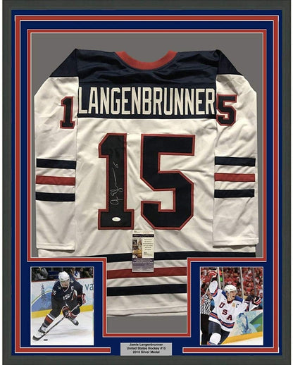 Framed Autographed/Signed Jamie Langenbrunner 33x42 Team USA United States White Hockey Jersey JSA COA