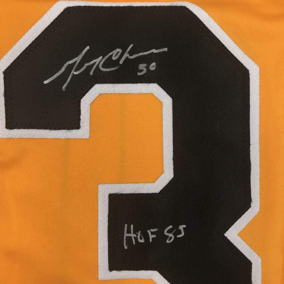 Framed Autographed/Signed Gerry Cheevers HOF 85 33x42 Boston Yellow Hockey Jersey JSA COA