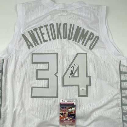 Autographed/Signed Giannis Antetokounmpo Milwaukee White Ice Basketball Jersey JSA COA