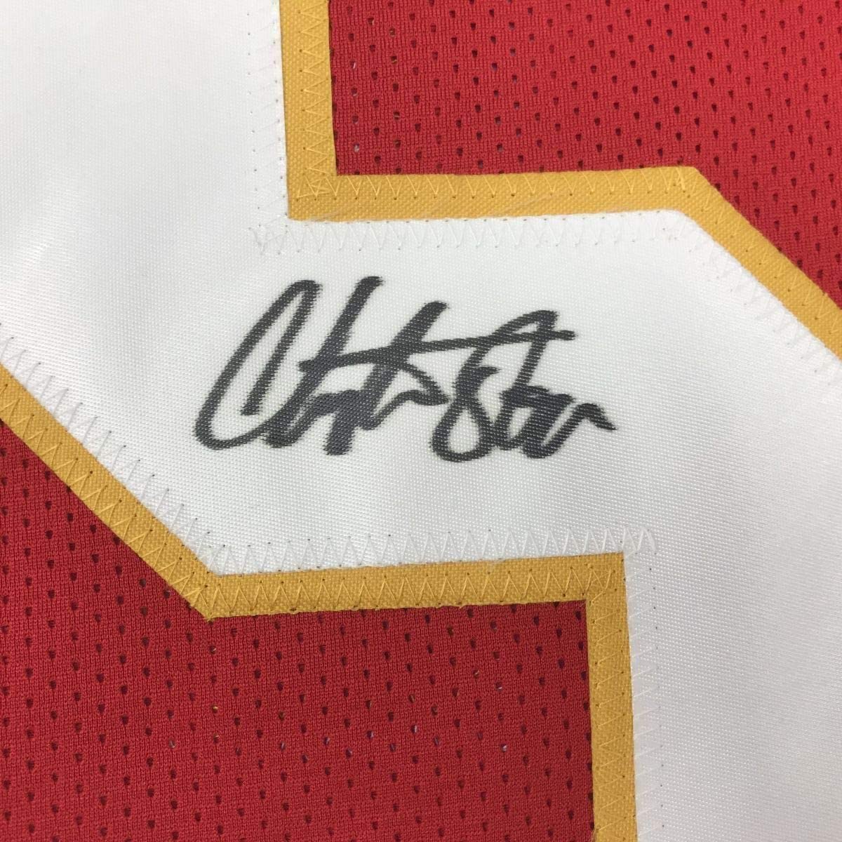 Framed Autographed/Signed Christian Okoye 33x42 Kansas City Red Football Jersey PSA/DNA COA