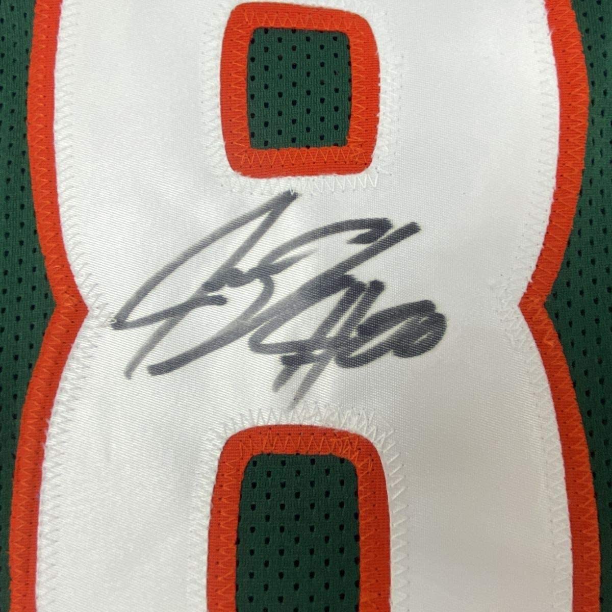 Framed Autographed/Signed Jeremy Shockey 33x42 Miami Green College Football Jersey JSA COA