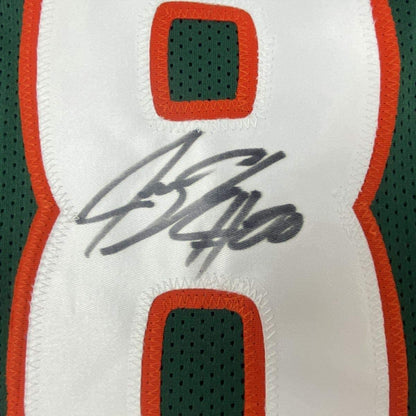 Framed Autographed/Signed Jeremy Shockey 33x42 Miami Green College Football Jersey JSA COA