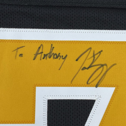 Framed Autographed/Signed Patrice 33x42 Bergeron Personalized To Anthony Boston Bruins Black Hockey Jersey JSA COA