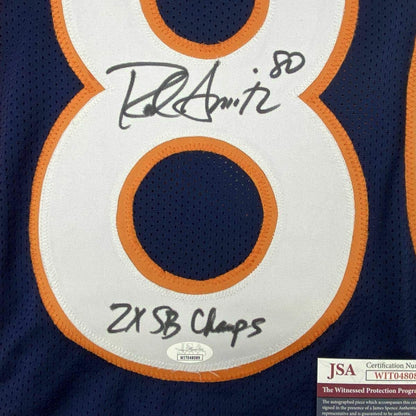 Framed Autographed/Signed Rod Smith 2x SB Champ 33x42 Denver Blue Football Jersey JSA COA