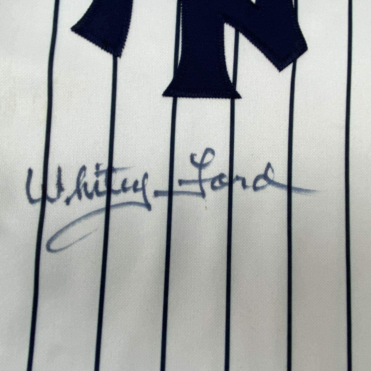 Framed Autographed/Signed Whitey Ford 33x42 New York Pinstripe Baseball Jersey PSA/DNA COA