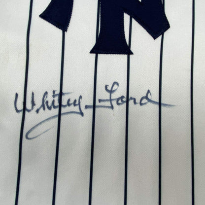 Framed Autographed/Signed Whitey Ford 33x42 New York Pinstripe Baseball Jersey PSA/DNA COA