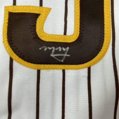 Framed Autographed/Signed Manny Machado 33x42 San Diego Pinstripe Baseball Jersey Beckett BAS COA