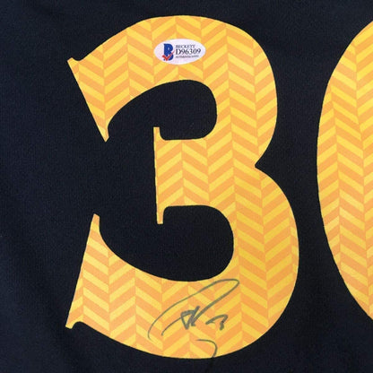 Framed Autographed/Signed Stephen Steph Curry 33x42 Golden State Black Basketball Jersey Beckett BAS COA