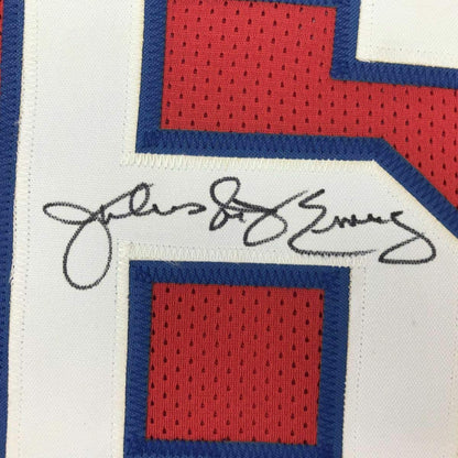 Framed Autographed/Signed Julius Erving Dr. J 33x42 Philadelphia Red Basketball Jersey JSA COA