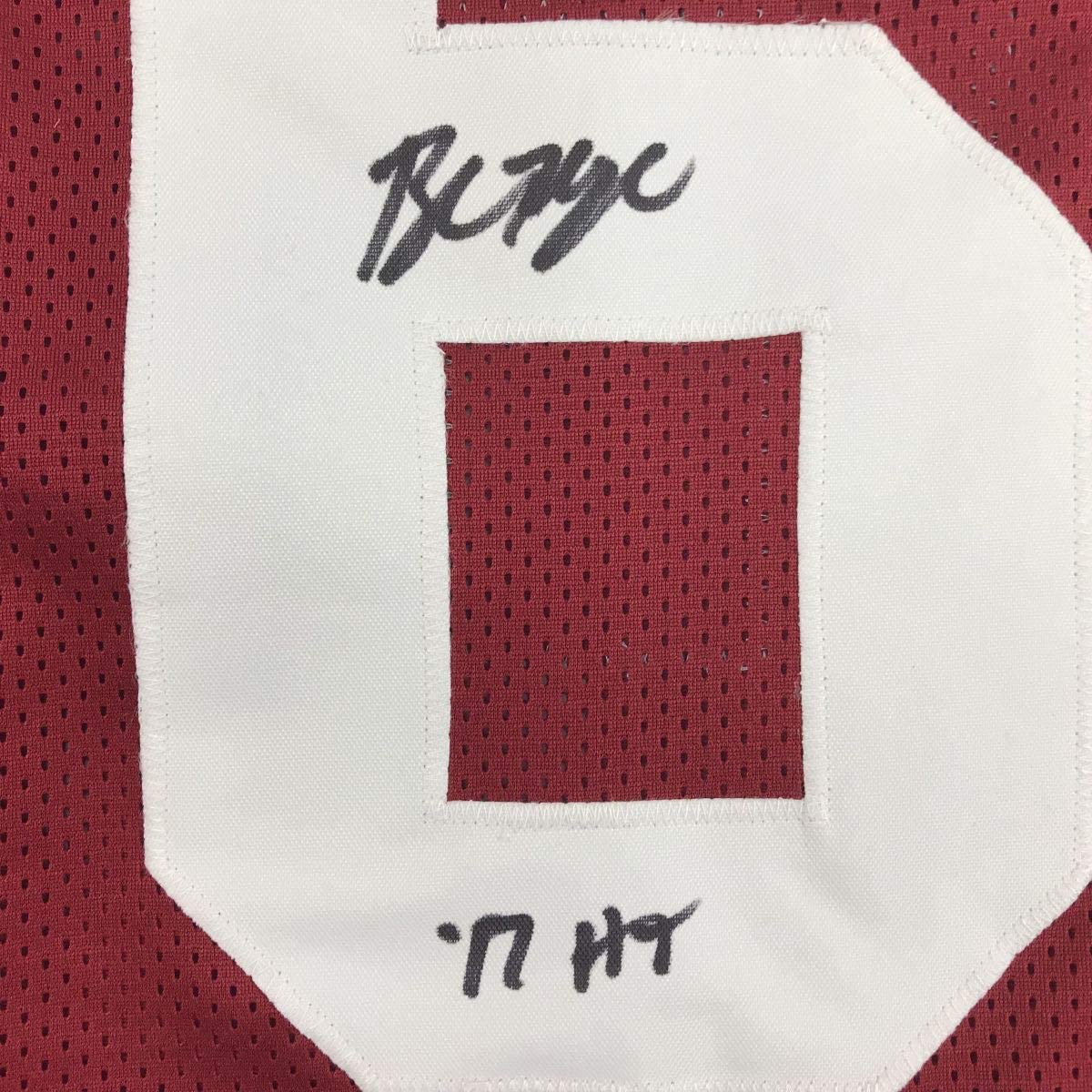 Autographed/Signed Baker Mayfield"HT 17" Oklahoma Crimson Football Jersey Beckett BAS COA
