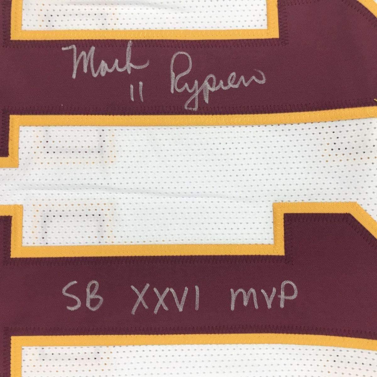 Framed Autographed/Signed Mark Rypien SB XXVI MVP 33x42 Washington White Football Jersey JSA COA