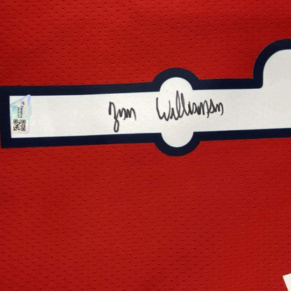 Framed Autographed/Signed Zion Williamson 33x42 New Orleans Pelicans Red Swingman Jordan Basketball Jersey Fanatics COA
