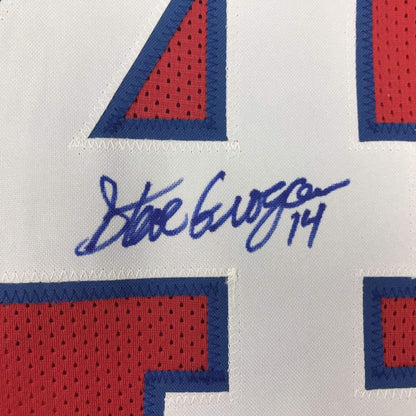 Framed Autographed/Signed Steve Grogan 33x42 New England Red Football Jersey JSA COA