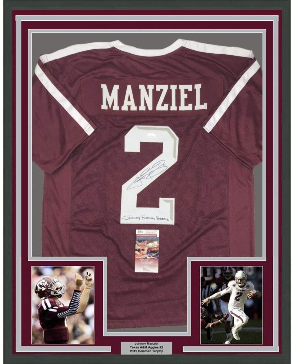 Framed Autographed/Signed Johnny FN Football Manziel 33x42 Texas A&M Maroon College Jersey JSA COA