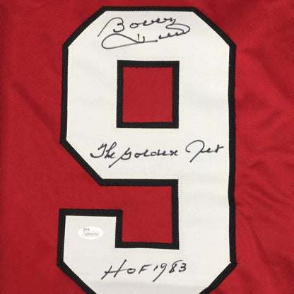 Framed Autographed/Signed Bobby Hull HOF 1983 The Golden Jet 33x42 Chicago Red Hockey Jersey JSA COA