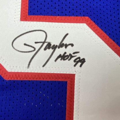 Framed Autographed/Signed Lawrence Taylor HOF 99 33x42 New York Blue Football Jersey JSA COA