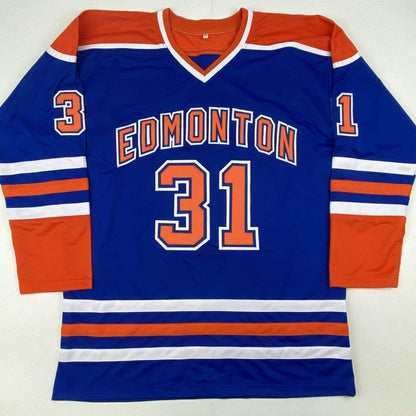 Autographed/Signed Grant Fuhr Edmonton Blue Hockey Jersey Beckett BAS COA