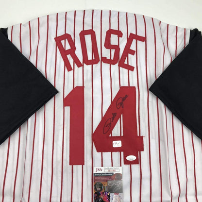 Autographed/Signed Pete Rose Cincinnati Pinstripe Baseball Jersey JSA COA