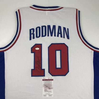 Autographed/Signed Dennis Rodman Detroit White Basketball Jersey JSA COA