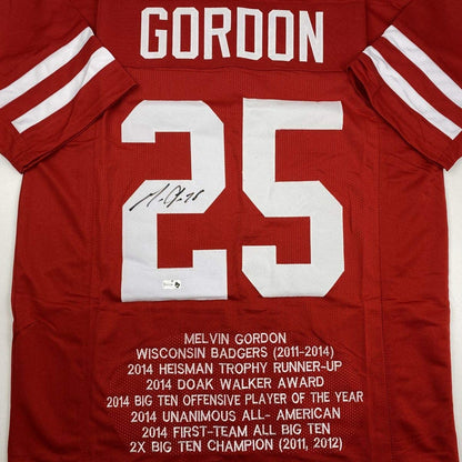 Autographed/Signed Melvin Gordon III Wisconsin Red Stat College Football Jersey Athlete Hologram COA