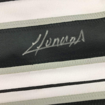 Framed Autographed/Signed Yoan Moncada 33x42 Chicago Pinstripe Baseball Jersey Beckett BAS COA