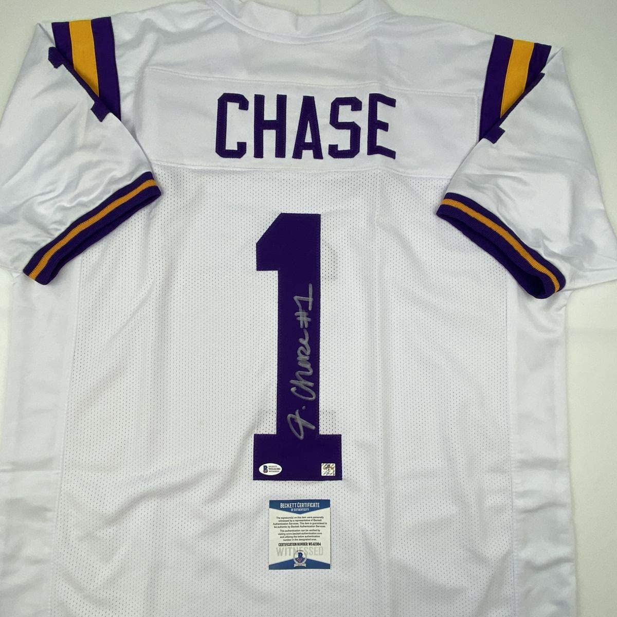 Autographed/Signed Ja'Marr Chase LSU White College Football Jersey Beckett BAS COA
