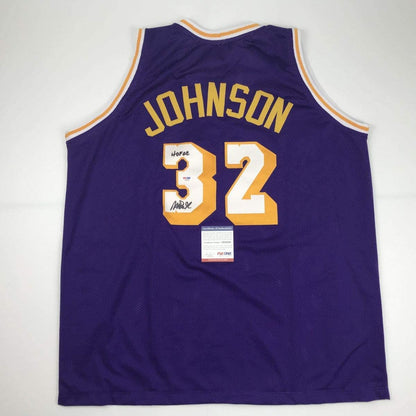 Autographed/Signed Earvin Magic Johnson HOF 02 Los Angeles LA Purple Basketball Jersey PSA/DNA COA