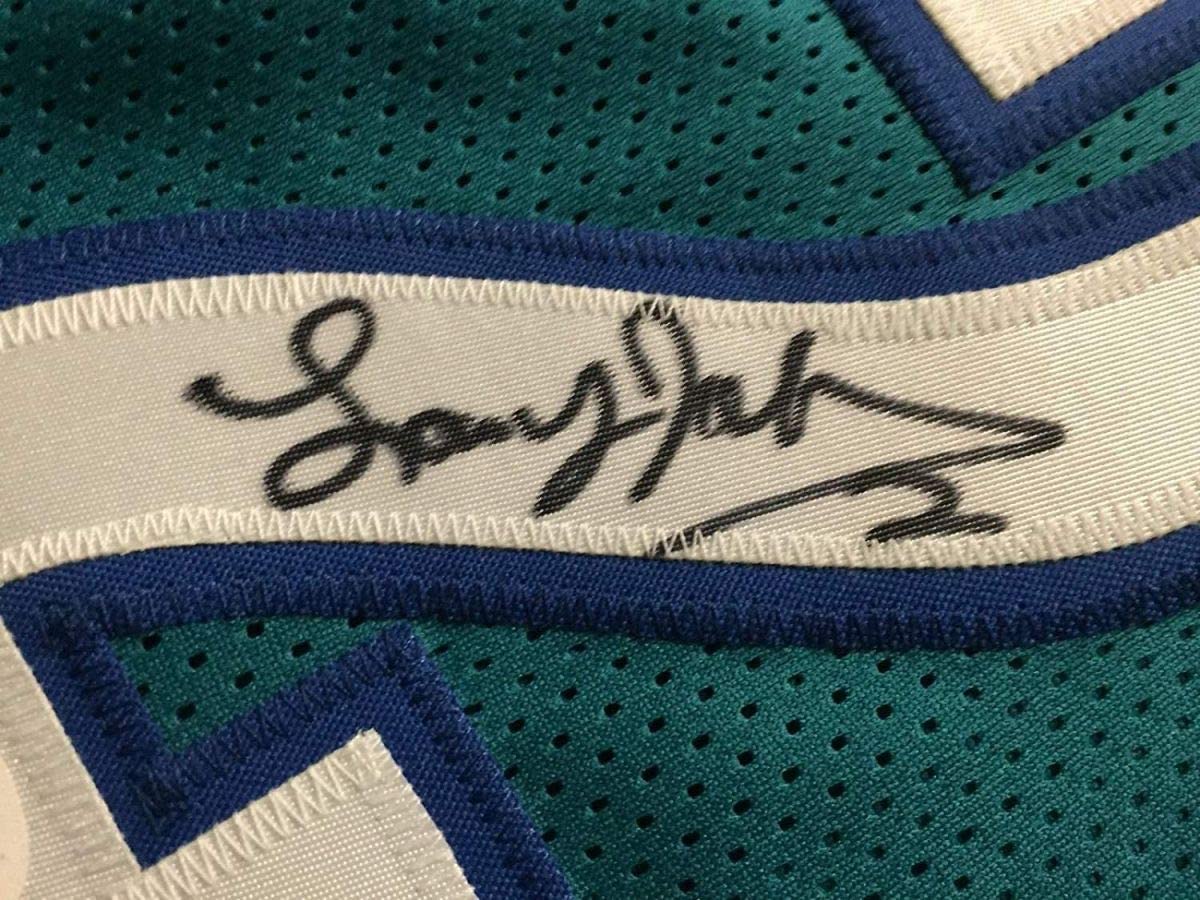 Framed Autographed/Signed Larry Johnson 33x42 Charlotte Teal Basketball Jersey JSA COA