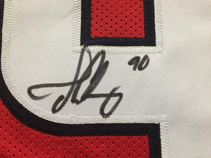 Framed Autographed/Signed Jadeveon Clowney 33x42 Houston Red Football Jersey JSA COA