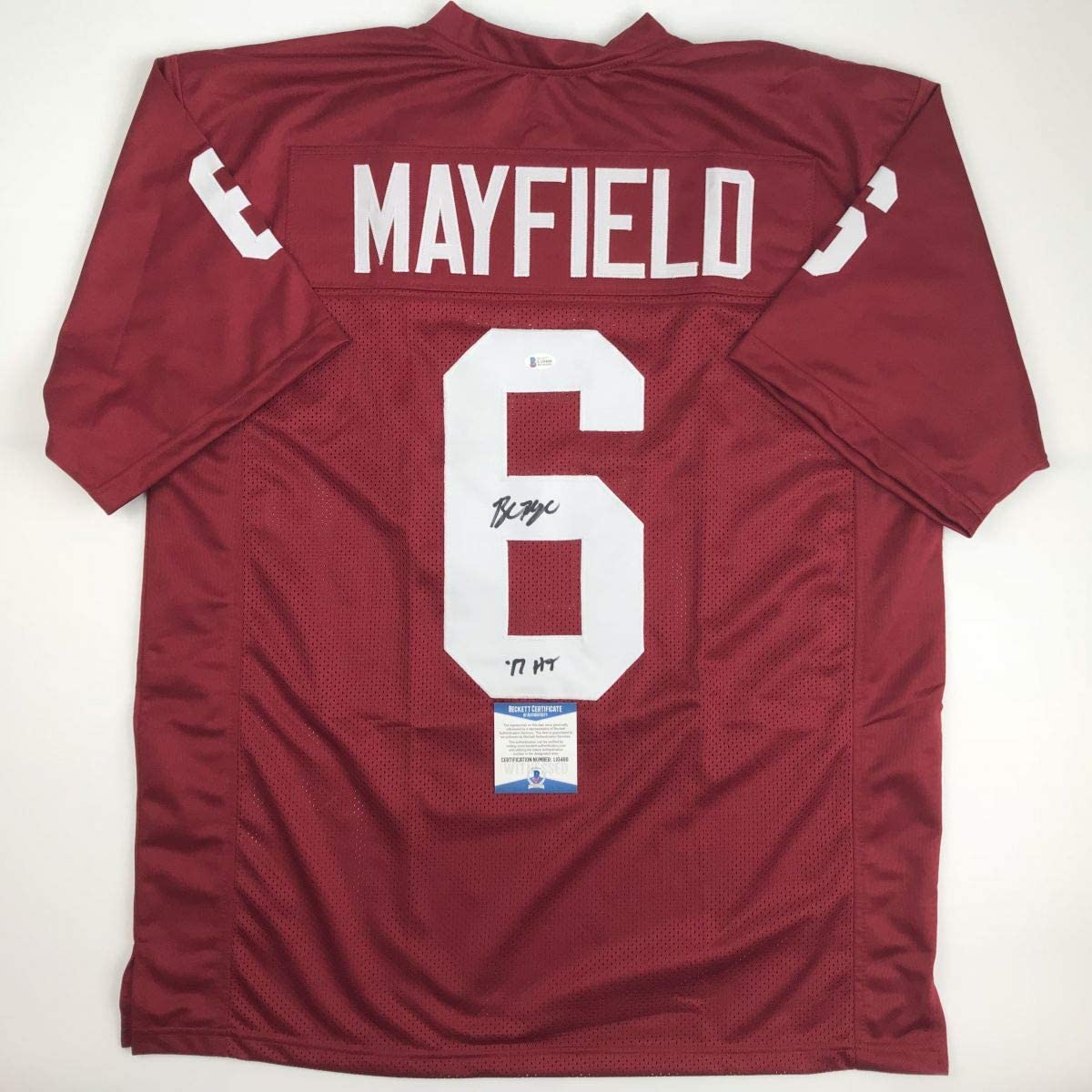 Autographed/Signed Baker Mayfield"HT 17" Oklahoma Crimson Football Jersey Beckett BAS COA