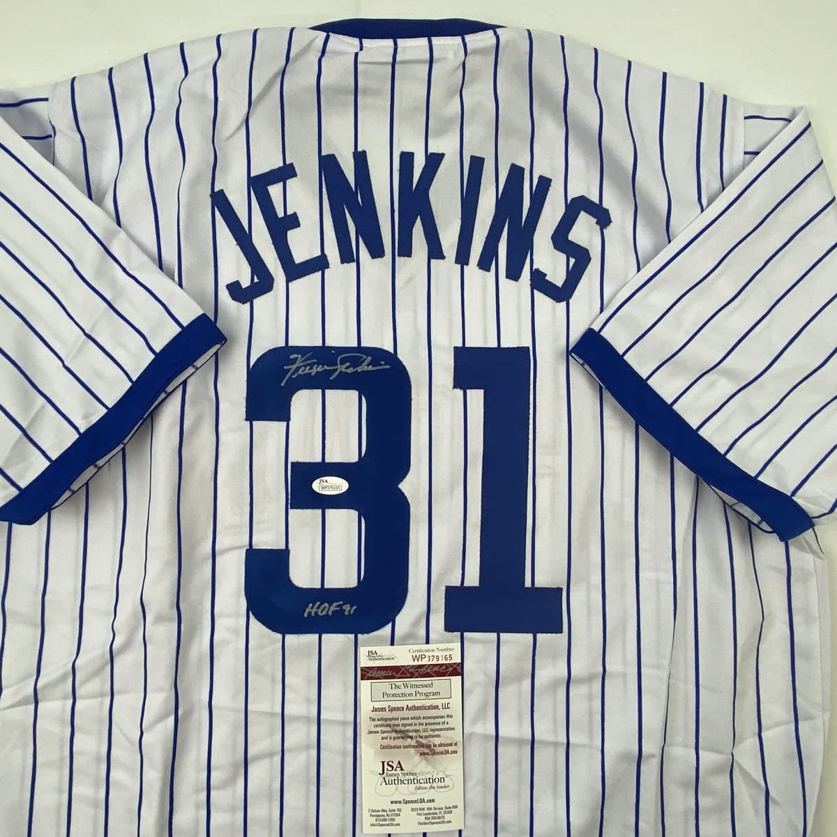 Autographed/Signed Ferguson Fergie Jenkins HOF 91 Chicago Pintripe Baseball Jersey JSA COA