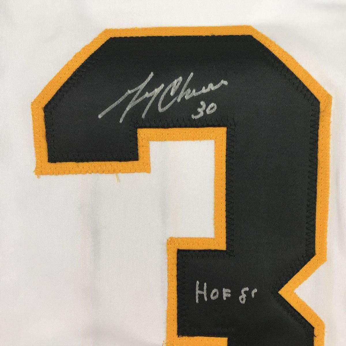 Framed Autographed/Signed Gerry Cheevers HOF 85 33x42 Boston White Hockey Jersey JSA COA