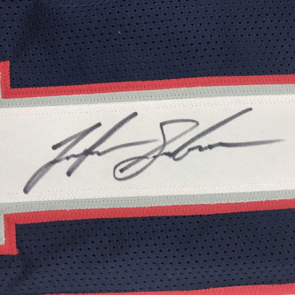 Framed Autographed/Signed Josh Gordon 33x42 New England Blue Football Jersey JSA COA
